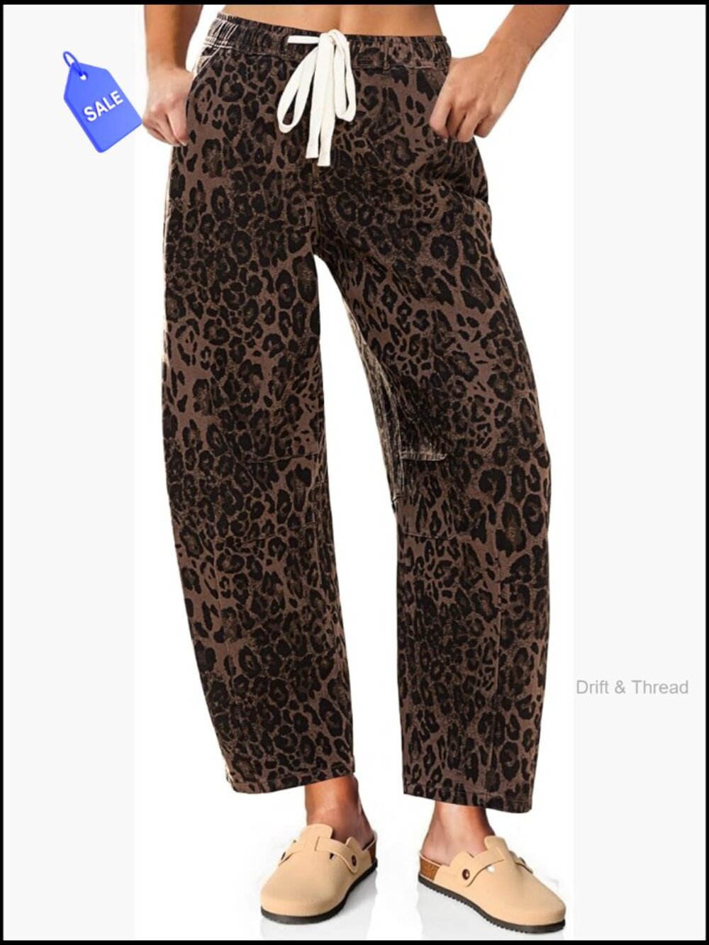 Trendy Wide Leg Leopard Barrel Jeans Women High Waisted Drawstring Stretchy